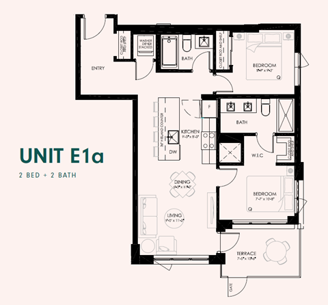 Floor plan for 2 beds, 2 baths, 820 sqft